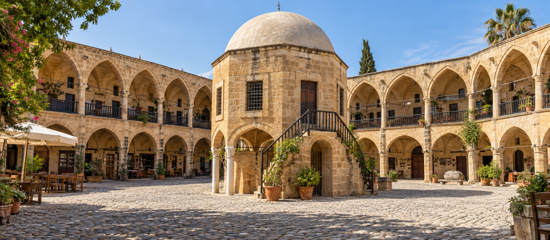 Lefkoşa'daki Büyük Han'ın kemerli revaklarla çevrili tarihi avlusu ve ortasındaki köşk mescit