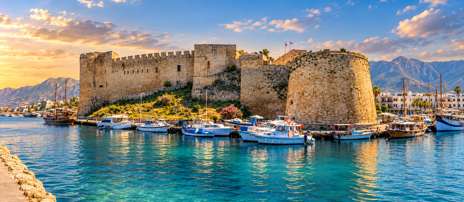 Girne Kalesi'nin tarihi taş surları, limanda demirleyen tekneler ve Akdeniz manzarası