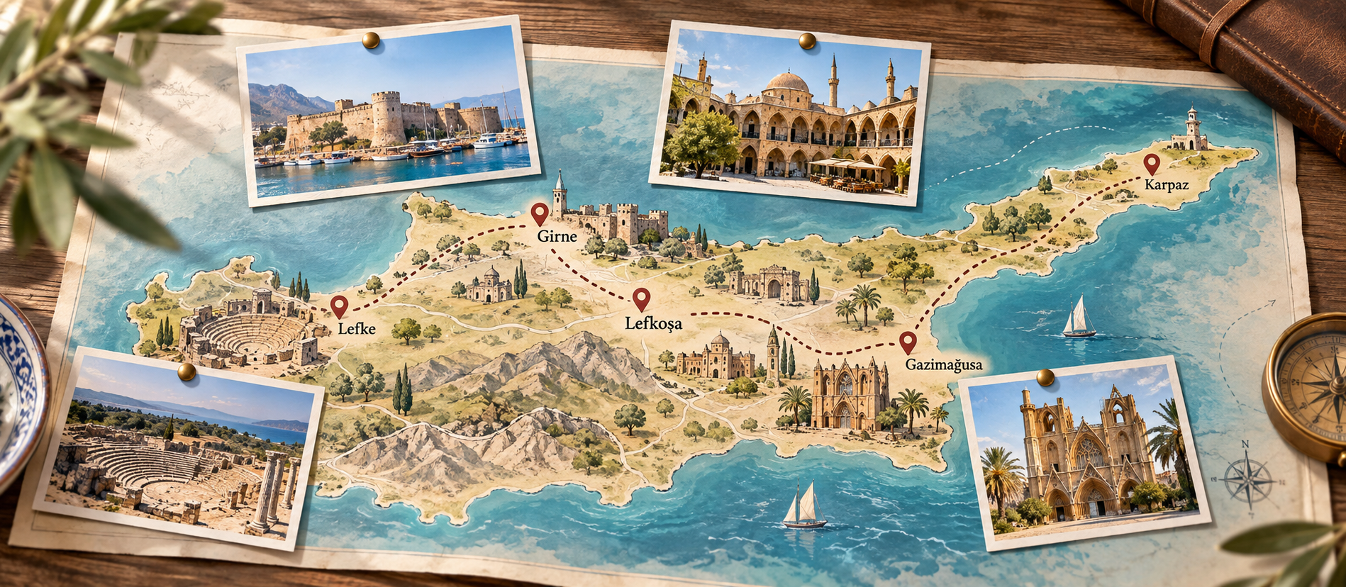 Girne, Lefkoşa, Gazimağusa, Lefke ve Karpaz'daki tarihi gezi duraklarını gösteren temsili Kuzey Kıbrıs rota haritası