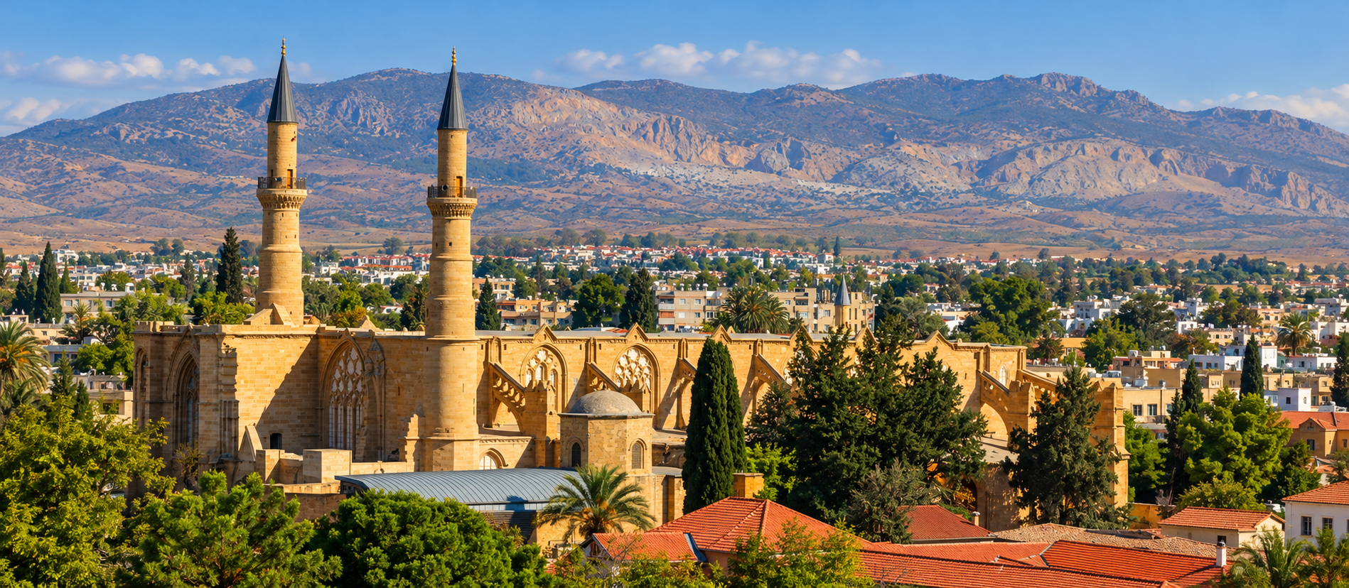 Lefkoşa'daki Selimiye Camii'nin Gotik mimariden izler taşıyan tarihi cephesi ve minareleri
